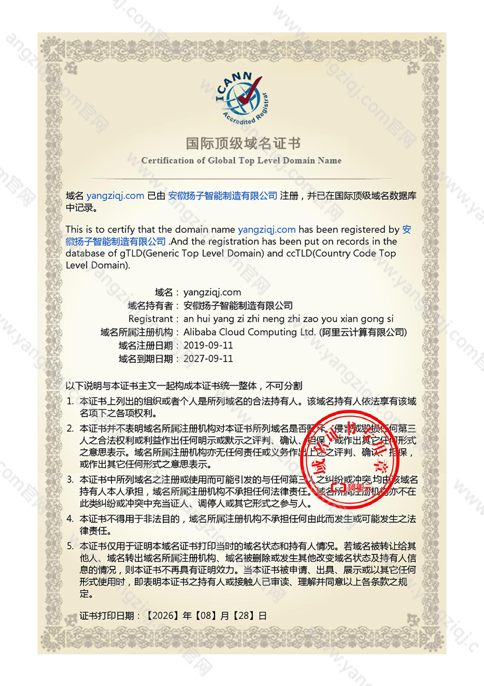 安徽扬子智能制造有限公司域名证书